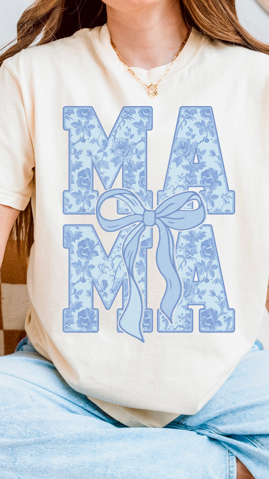Floral Mama Bow Graphic Tee | Vintage Blue Mama Shirt