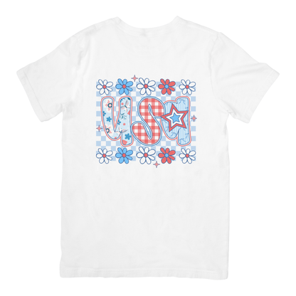 USA Floral Coquette Graphic Tee | Patriotic Red White Blue Shirt