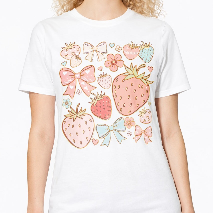 Strawberry Bow Graphic Tee | Cute Coquette Strawberry Shirt | Pink Bows & Strawberries Aesthetic Tee | Comfort Colors Graphic Tee
