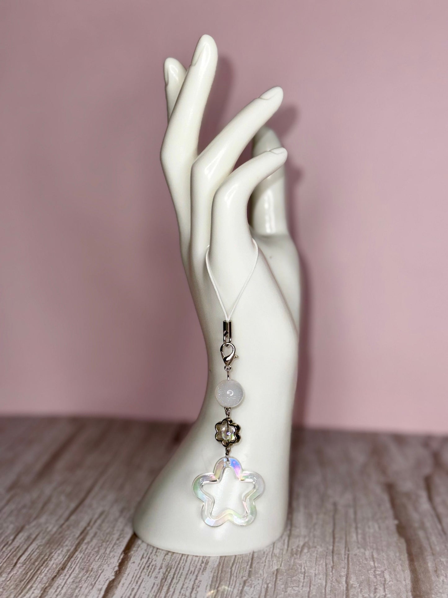 Cats Eye Flower Phone Charm, Handmade Beaded Phone Dangle