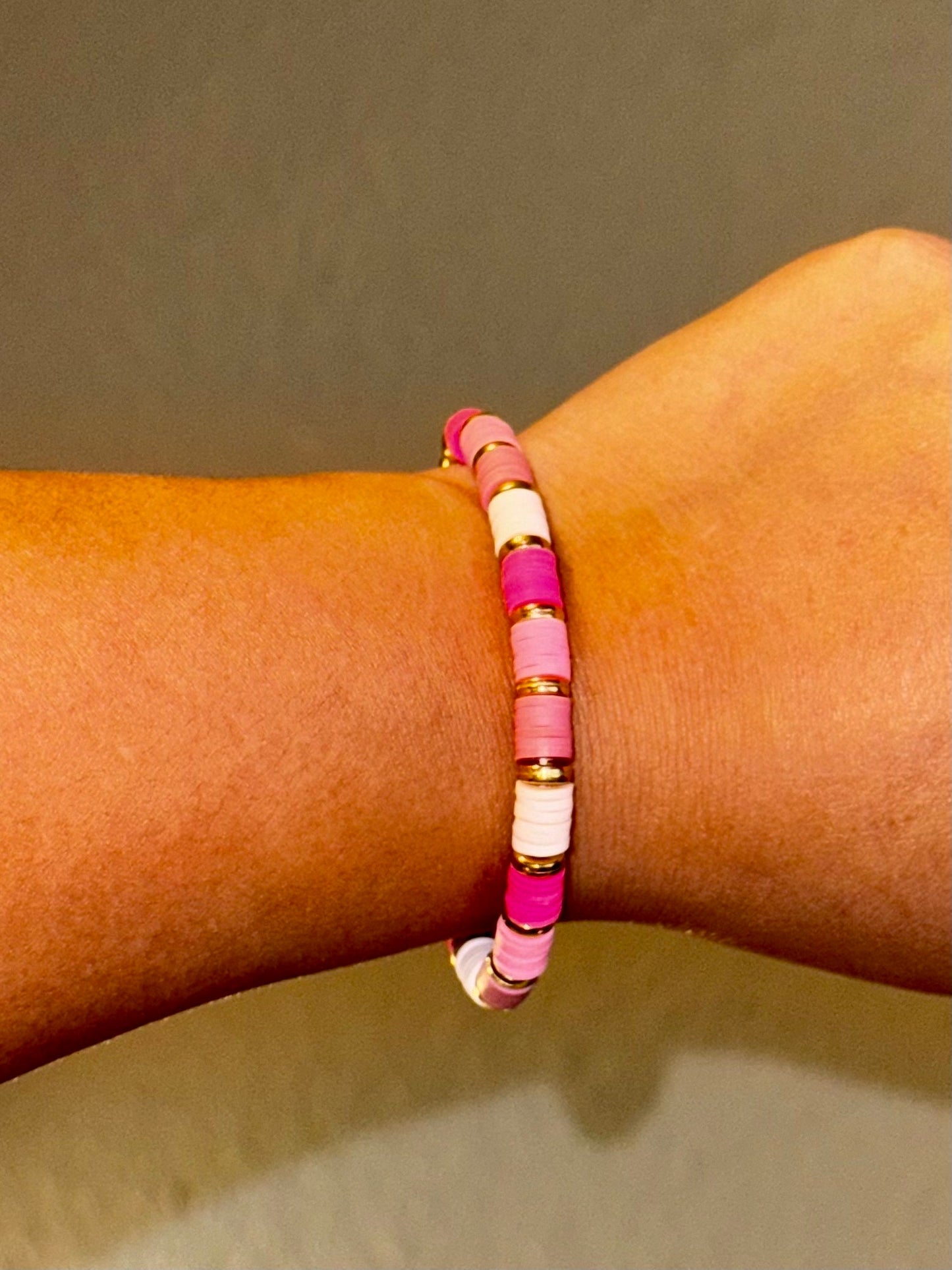 Gold and Pink Gradient Clay Bead Heishi Bracelet