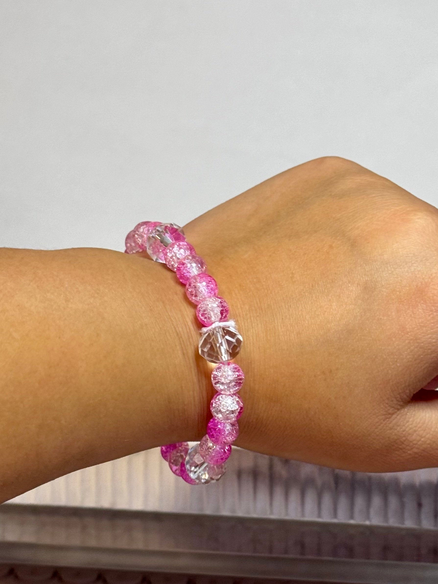 Crystal and Pink Glass Bead Bracelet, Beaded Jewelry, Gift for Her